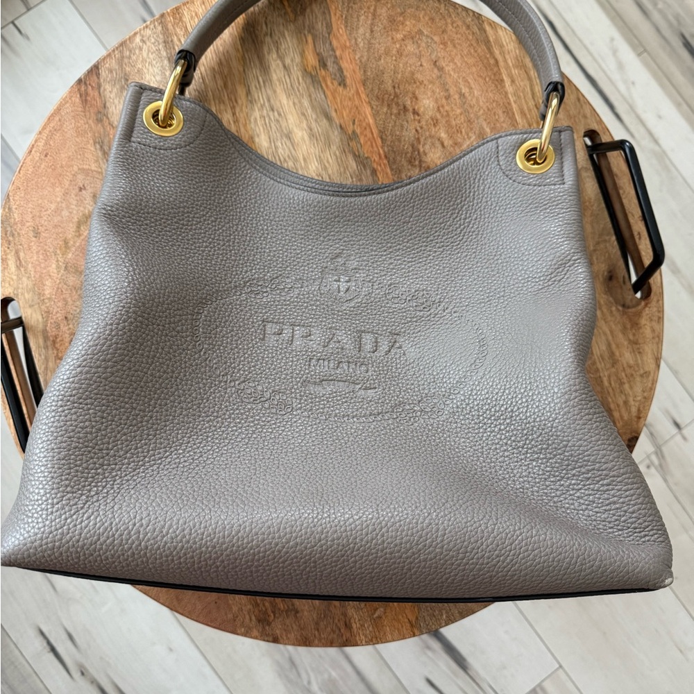Prada Vitello Phenix Hobo Shoulder Bag with Embossed Logo – Taupe Gray